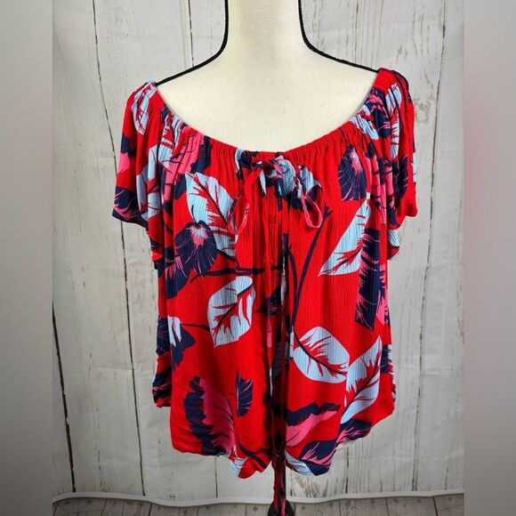 Express Red Cropped Top w/ Blue Botanical Print Flared Sleeve Elastic Boat Neck - Picture 3 of 7